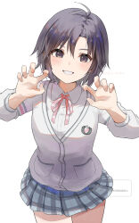 1girl black_eyes black_hair blush cardigan claw_pose commentary_request cowboy_shot grey_cardigan grin hands_up highres idolmaster idolmaster_(classic) kikuchi_makoto leaning_forward long_sleeves looking_at_viewer mogskg neck_ribbon plaid_clothes plaid_skirt pleated_skirt ribbon school_uniform short_hair simple_background skirt smile solo twitter_username watermark white_background