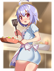 Rule 34 | 1girl, ahoge, apron, ass, azure striker gunvolt, blush, breasts, cougar (cougar1404), dress, from behind, joule (gunvolt), looking at viewer, multicolored hair, open mouth, purple eyes, purple hair, short dress, short hair, sideboob, solo