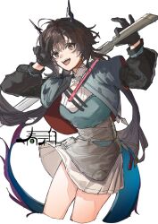 1girl arknights arknights:_endfield black_gloves black_hair blue_capelet blue_tail capelet chen_qianyu_(arknights) dragon_girl dragon_horns dragon_tail gloves harukan_tiusu highres holding holding_sword holding_weapon horns looking_at_viewer low_twintails open_mouth red_eyes skirt smile solo sword tail twintails v weapon white_skirt