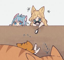3girls ahoge angon623 animal_ears animal_print azura_cecillia blonde_hair blue_eyes blue_hair cat facial_hair green_eyes layla_alstroemeria magnifying_glass multiple_girls mustache nara_haramaung nijisanji nijisanji_id sweatdrop tiger_print virtual_youtuber