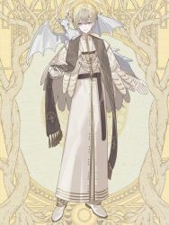 1boy animal animal_on_shoulder beckoning blue_eyes brown_sash brown_scarf capelet cassock cross cross_necklace dairoku_ryouhei dragon earrings full_body gloves halo halo_behind_head jewelry long_sleeves looking_at_viewer male_focus necklace open_hands pants robe rosary scarf shoes short_hair single_sidelock small_dragon smile socks solo standing stole umai_oimo white_capelet white_gloves white_pants white_robe white_shoes white_socks yellow_background