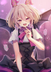 Rule 34 | #compass, 1boy, absurdres, black bow, black corset, black wings, blonde hair, bow, collared shirt, corset, fang, heart, highres, horinatu, horns, index finger raised, looking back, lovey chouchoumarchou, male focus, neck ribbon, osugaki, outer glow, pink eyes, pink ribbon, ribbon, shirt, short twintails, smug, solo, sparkle, trap, twintails, vampire, wings
