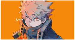 1boy bakugou_katsuki blonde_hair boku_no_hero_academia border commentary hair_between_eyes highres looking_at_viewer male_focus orange_background red_eyes short_hair simple_background solo spiked_hair sugokuinu superhero_costume symbol-only_commentary teeth white_border