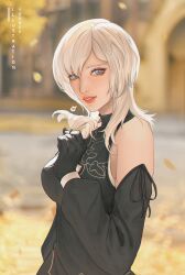 Rule 34 | 10h (nier reincarnation), 1girl, absurdres, aegyo sal, artist name, asymmetrical bangs, bare shoulders, black dress, black sleeves, blue eyes, blurry, blurry background, commentary, detached sleeves, dress, english commentary, falling leaves, flower, from side, ginkgo leaf, heart, highres, holding, holding flower, leaf, looking at viewer, looking to the side, lunar tear, medium hair, nier (series), nier reincarnation, parted lips, print dress, sleeveless, sleeveless dress, smile, solo, speech bubble, spoken heart, tree, upper body, white flower, white hair, yellow leaves, yuki lu