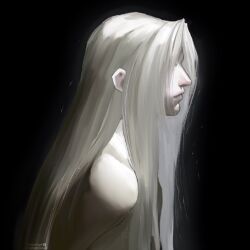 1boy closed_mouth commentary covered_eyes english_commentary final_fantasy final_fantasy_vii from_side hair_behind_ear long_hair male_focus nude profile sephiroth sephirothhrt solo upper_body very_long_hair white_hair