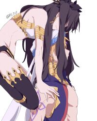 1boy 1girl bandeau black_hair black_thighhighs blonde_hair blue_vest breasts earrings fate/grand_order fate_(series) floating gilgamesh gilgamesh_(caster)_(fate) gilgamesh_(fate) hair_over_eyes highres hinata_(eine_blume) hoop_earrings ishtar_(fate) jewelry long_hair shoulder_tattoo single_thighhigh small_breasts tattoo thighhighs twitter_username two_side_up vest white_bandeau