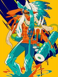 Rule 34 | 1boy, animal, blue hair, capelet, chaps, cowboy shot, dark-skinned male, dark skin, edarow, eel, headdress, inkling boy, inkling player character, long hair, looking at viewer, male focus, native american, native american headdress, nintendo, original, pointy ears, solo, splatoon (series), tentacle hair, toned, toned male, weapon request, yellow background