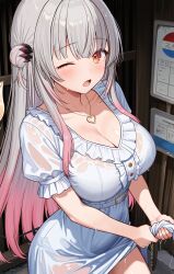 1girl absurdres breasts cleavage daysss dress dripping frilled_dress frills gradient_hair grey_hair hair_bun heart heart_necklace highres horns indie_virtual_youtuber jewelry large_breasts light_blush long_hair looking_at_viewer lower_teeth_only multicolored_hair necklace one_eye_closed open_mouth orange_eyes pink_hair puffy_short_sleeves puffy_sleeves short_sleeves sidelocks solo suou_patra tail teeth underbust virtual_youtuber wet wet_clothes white_dress wispy_bangs wringing_clothes wringing_dress