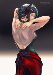 Rule 34 | 1girl, arknights, back, backless dress, backless outfit, black dress, black hair, black nails, dress, from behind, hands on own back, highres, horns, ines (arknights), looking back, see-through clothes, solo, standing, washuu, yellow eyes