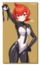1girl absurdres ball_gag bodysuit breasts gag highres holding_gag impossible_bodysuit impossible_clothes latex latex_bodysuit looking_at_viewer maguro27 mars_(pokemon) medium_breasts nintendo pokemon pokemon_dppt red_eyes red_hair skin_tight smile solo standing