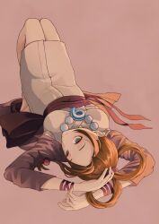 1girl ace_attorney aged_up artist_request bad_id bad_pixiv_id brown_hair grey_eyes highres japanese_clothes kimono looking_at_viewer lying magatama on_back pearl_fey solo solo_focus