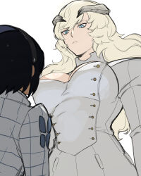 Rule 34 | 1boy, 1girl, blonde hair, blue eyes, breasts, coat, genderswap, genderswap (mtf), highres, kyou (iuciferic), large breasts, long hair, looking at another, louis (metaphor: refantazio), metaphor: refantazio, protagonist (metaphor: refantazio), simple background, white background, white coat