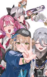 6+girls ^_^ absurdres baseball_cap black_bow black_hat blonde_hair blue_hair blush bow bracelet closed_eyes facing_viewer gradient_hair green_eyes grey_hair hair_between_eyes hair_bow hair_ornament hairclip hairpin hat heterochromia highres igarashi_rika igarashi_rika_(1st_costume) ishigami_nozomi ishigami_nozomi_(1st_costume) jewelry kaburaki_roco kaburaki_roco_(1st_costume) koshimizu_toru koshimizu_toru_(1st_costume) kuramochi_meruto kuramochi_meruto_(1st_costume) looking_at_viewer mole mole_under_eye multicolored_hair multiple_girls nijisanji orange_hair pink_hair purple_hair red_hair rippoutai_fuusen shishido_akari shishido_akari_(1st_costume) sophia_valentine sophia_valentine_(1st_costume) v virtual_youtuber watermark weibo_watermark