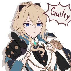 Rule 34 | 1girl, absurdres, black gloves, blonde hair, blue eyes, center frills, frills, genshin impact, gloves, highres, jean (genshin impact), long hair, looking at viewer, mon-chan, pointing, simple background, solo, upper body, white background