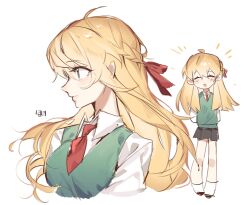 Rule 34 | 1girl, ahoge, arms behind back, black skirt, blonde hair, blush, braid, chibi, closed eyes, closed mouth, collared shirt, hair ribbon, highres, imblackmooon, lee yu-ri, long hair, long sleeves, multiple views, necktie, open mouth, pleated skirt, red necktie, red ribbon, ribbon, school uniform, shirt, shoes, simple background, skirt, smile, socks, vest, white background, white shirt, white socks, zombie high school