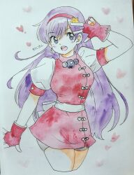 1girl asamiya_athena blue_eyes breasts dress earrings female_focus gloves hairband heart highres huge_breasts jewelry large_breasts long_hair pale_skin purple_hair skirt standing star_(symbol) tani_gorira the_king_of_fighters thick_thighs thighs wide_hips