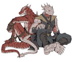 2boys back-to-back baldur&#039;s_gate baldur&#039;s_gate_3 barefoot blue_eyes blue_pants dragon_boy dragon_horns dragon_tail dragonborn_(d&amp;d) dungeons_&amp;_dragons dungeons_&amp;_dragons full_body furry furry_male hand_on_own_knee highres horns knee_up looking_at_viewer male_focus multiple_boys pants red_eyes scales simple_background sitting sketch tail tanq1 tav_(baldur&#039;s_gate) the_dark_urge_(baldur&#039;s_gate) white_background