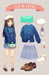 1girl :d bad_id bad_pixiv_id bag beret blue_shirt blush bobby_socks bottle brown_background brown_eyes brown_hair brown_shoes reference_sheet english_text female_focus handbag hat highres holding holding_bag kim_bae-eo long_hair long_sleeves looking_at_viewer open_mouth original perfume_bottle plaid_clothes plaid_skirt purple_skirt shirt shoes simple_background skirt sleeves_past_wrists smile socks solo standing usb very_long_hair white_hat white_socks