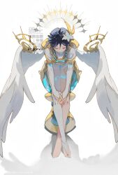 1boy aqua_hair artist_name barefoot black_hair braid bridal_gauntlets capelet closed_eyes closed_mouth feathered_wings feet fihasel flower genshin_impact gnosis_(genshin_impact) hair_between_eyes hair_flower hair_ornament hashtag-only_commentary highres hood hood_down hooded_capelet leaning_forward leg_tattoo male_focus medium_hair own_hands_together shirt short_shorts shorts side_braids single_thighhigh sitting solo tattoo thighhighs toes twin_braids venti_(archon)_(genshin_impact) venti_(genshin_impact) watermark white_background white_bridal_gauntlets white_capelet white_flower white_shirt white_shorts white_thighhighs white_wings wings