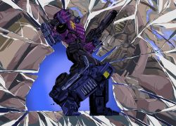 autobot box_art broken_glass commentary english_commentary glass gun highres hinomars19 holding holding_gun holding_weapon mecha multiple_views optimus_prime optimus_prime_(shattered_glass) red_eyes robot science_fiction solo_focus transformers transformers_shattered_glass weapon wheel