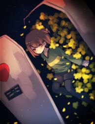 1other black_pantyhose blush bob_cut brown_hair brown_shorts chara_(undertale) closed_mouth coffin commentary_request double-parted_bangs dutch_angle falling_petals feet_out_of_frame field flower flower_field green_shirt hair_between_eyes heart in_container knees_up light_particles long_sleeves looking_at_viewer oshiruko_(tsume) other_focus pantyhose petals red_eyes shirt short_hair shorts sideways_glance sitting smile solo striped_clothes striped_shirt two-tone_shirt undertale v-neck yellow_flower yellow_petals yellow_shirt