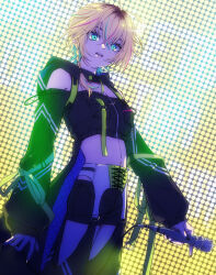 1girl bare_shoulders blonde_hair breasts cleavage colored_inner_hair highres holding holding_microphone hood hoodie idolmaster idolmaster_va-liv jacket letora_(idolmaster) microphone multicolored_hair navel roots_(hair) user_tkgu7373
