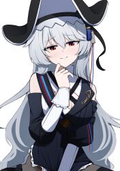Rule 34 | 1girl, arknights, bare shoulders, black hat, breasts, cleavage, cleavage cutout, closed mouth, clothing cutout, grey hair, hair between eyes, hand on own chin, hat, highres, long hair, long sleeves, looking at viewer, medium breasts, red eyes, simple background, solo, specter (arknights), specter the unchained (arknights), two-sided fabric, two-sided headwear, very long hair, watakaze, white background, white hat