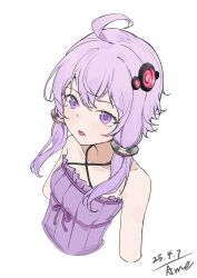 Rule 34 | 1girl, absurdres, ahoge, amely elden, bare shoulders, breasts, criss-cross halter, cropped torso, dated, dress, hair ornament, hair tubes, halterneck, highres, long hair, open mouth, purple dress, purple eyes, purple hair, signature, simple background, sleeveless, sleeveless dress, small breasts, solo, upper body, vocaloid, white background, yuzuki yukari