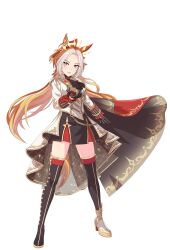 Rule 34 | 1girl, ahoge, animal ears, asymmetrical footwear, black boots, black cloak, black gloves, black skirt, black thighhighs, boots, breasts, brooch, chain, cloak, ear covers, full body, game cg, game model, gloves, hair intakes, high heel boots, high heels, highres, horse ears, horse girl, horse tail, jacket, jewelry, long hair, long sleeves, looking at viewer, mismatched footwear, multicolored hair, official art, orange hair, orfevre (umamusume), parted lips, red cloak, single ear cover, skirt, solo, sparkle, sparkle print, standing, tail, thigh boots, thighhighs, transparent background, two-tone hair, umamusume, v-shaped eyebrows, very long hair, white boots, white hair, white jacket