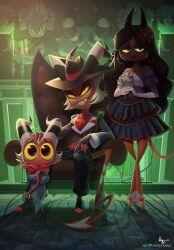 1girl 2boys 3: black_hair black_suit blue_skirt bouquet colored_sclera colored_skin crimson_knolastname demon_tail flower formal_clothes gloves golden_tooth hair_flower hair_ornament helluva_boss highres holding holding_bouquet holding_own_tail horns long_hair long_sleeves looking_at_viewer ludodoodle mafia moxxie_(helluva_boss) ms._knolastname multiple_boys necktie official_art portrait red_eyes red_skin sharp_teeth shirt short_hair signature skirt slit_pupils smile spoilers striped_horns suit tail teeth twitter_username white_gloves white_hair white_shirt