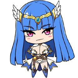 1girl armor armored_boots armored_dress bad_id bad_source blue_armor blue_eyes blue_hair blunt_bangs blush boots breasts brynhildr_valhanna chibi chibi_only cleavage closed_mouth deformed derauea dress gauntlets hair_ornament hands_on_own_hips heart heart_in_eye large_breasts light_smile long_hair looking_at_viewer milk_factory motto!_haramase!_honoo_no_oppai_isekai_oppai_maid_gakuen! official_art pink_eyes shoulder_armor showgirl_skirt smile solo symbol_in_eye transparent_background valkyrie wing_hair_ornament