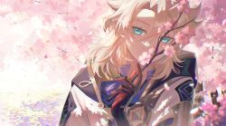 1boy albedo_(genshin_impact) birthmark black_gloves blonde_hair blue_eyes blue_shirt branch brown_gloves cherry_blossoms coat collared_shirt commentary covered_mouth day flower genshin_impact gloves hair_between_eyes hand_up highres holding holding_branch hood hood_down hooded_coat light_rays looking_at_viewer male_focus march_rly medium_hair outdoors parted_bangs petals pink_flower shirt solo sunlight symbol-only_commentary tree two-tone_gloves upper_body white_coat