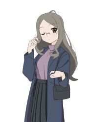 Rule 34 | 1girl, bag, black bag, black skirt, blue jacket, glasses, grey eyes, grey hair, highres, jacket, jewelry, kasumi (yama no susume), long hair, long skirt, necklace, one eye closed, pleated skirt, purple shirt, rytoua318, shirt, shoulder bag, skirt, twirling hair, white background, yama no susume