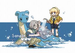 Rule 34 | 1boy, 1girl, bathing, black eyes, black shoes, blonde hair, blue eyes, blue jacket, blue overalls, blue shirt, bubble, full body, gen 1 pokemon, green eyes, grey hair, highres, holding, holding shower head, holding soap, jacket, lapras, looking at another, nintendo, overalls, pants, pokemon, pokemon (creature), ponytail, robinlovesop, shell, shirt, shoes, shower head, simple background, soap bubbles, squatting, standing, white background, white shirt, yellow jacket, yellow pants