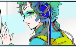 Rule 34 | 1other, androgynous, blue eyes, dress, facepaint, facial mark, feathers, forehead mark, gnosia, green hair, hair between eyes, headphones, koyuuuuuuuuuuu, long sleeves, looking at viewer, makeup, multicolored hair, other focus, raqio, short hair, solo, streaked hair, tattoo, upper body