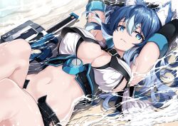 Rule 34 | 1girl, absurdres, animal ear fluff, animal ears, beach, black shorts, blue hair, breasts, character request, cleavage, copyright request, highres, large breasts, long hair, lying, midriff, multicolored hair, navel, on back, partially submerged, sand, short shorts, shorts, solo, streaked hair, two-tone hair, water, white hair, zelitto