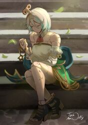 1girl aqua_hair ascot cecilia_immergreen cecilia_immergreen_(1st_costume) closed_eyes closed_mouth cracked_skin detached_sleeves doll_joints gradient_hair green_skirt highres hololive hololive_english joints multicolored_hair red_ascot shirt short_hair sitting skirt solo stairs takomonty virtual_youtuber white_hair white_shirt winding_key