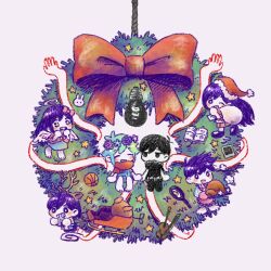 2girls 4boys aubrey_(headspace)_(omori) aubrey_(omori) basil_(headspace)_(omori) basil_(omori) black_hair bow bow_(music) christmas closed_mouth colored_skin flower food fried_egg frying_pan green_hair hair_bow hat head_wreath hero_(headspace)_(omori) hero_(omori) instrument kel_(headspace)_(omori) kel_(omori) light_bulb long_hair mari_(headspace)_(omori) mari_(omori) multiple_boys multiple_girls omori omori_(omori) one_eye_closed pink_bow pleated_skirt purple_hair red_bow red_headwear red_skirt santa_costume santa_hat short_hair skirt sleigh sun_iiinu turkey_(food) violin white_skin