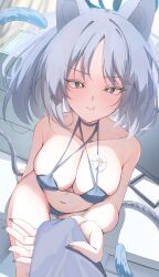 1girl animal_ear_fluff animal_ears bikini black_eyes black_hair black_nails blue_archive blue_bikini blue_hair blush bob_cut breasts bright_pupils cat_ears cat_girl cat_tail choker cleavage fingernails flower flower_on_chest from_above halo kikyou_(blue_archive) kikyou_(swimsuit)_(blue_archive) large_breasts lips long_fingernails multiple_tails mumu_(2arlcevpxn83807) navel necktie necktie_grab neckwear_grab pout pov short_hair sitting swimsuit tail white_flower white_pupils