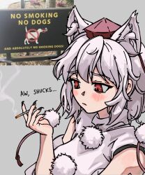 Rule 34 | 1girl, animal ear fluff, animal ears, bare shoulders, black nails, blush, cigarette, closed mouth, commentary, english commentary, english text, fingernails, grey background, hand up, hat, hat tassel, highres, holding, holding cigarette, inubashiri momiji, long fingernails, looking down, photo inset, pom pom (clothes), red eyes, sharp fingernails, shirt, short hair, simple background, sleeveless, sleeveless shirt, smoke, smoking, solo, stirfriedspam, tokin hat, touhou, upper body, white hair, white shirt, wolf ears, wolf girl