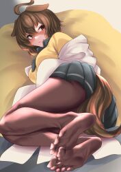 1girl agnes_tachyon_(umamusume) ahoge animal_ears ass black_skirt blush breasts brown_eyes brown_hair brown_pantyhose cardigan closed_mouth commentary_request ears_down feet foot_focus frown full_body hair_between_eyes highres hisagi_(hisagi00) horse_ears horse_girl horse_tail jacket large_breasts legs looking_at_viewer lying miniskirt no_shoes on_side pantyhose pleated_skirt short_hair skirt soles solo tail toes umamusume white_jacket yellow_cardigan