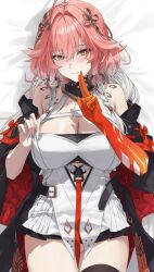 1girl absurdres ahoge armpit_crease artist_request bare_shoulders black_jacket blush body_markings braid breasts changli_(wuthering_waves) check_artist cleavage closed_mouth colored_extremities commentary_request cowboy_shot dakimakura_(medium) dress from_above hair_extensions hair_intakes hair_ornament hand_up highres jacket kuji-in large_breasts long_hair looking_at_viewer lying multicolored_hair no_panties off_shoulder on_back orange_eyes otakueden1995 red_hair red_hands ring_hair_extensions short_dress smile solo tacet_mark_(wuthering_waves) thigh_strap thighhighs thighs twin_braids two-tone_hair white_dress white_hair wuthering_waves