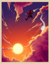 1boy bird black_boots boots brown_pants cloud full_body gradient_sky helmet highres holding holding_weapon niwut_t orange_sky pants purple_sky red_shirt rocket_jumping rocket_launcher shirt sky soldier_(tf2) solo sunset team_fortress_2 weapon