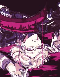 1boy aotsuki_eito blood blood_from_mouth glasses gloves highres last_defense_academy_school_uniform looking_at_viewer lying male_focus on_back purple_eyes school_uniform scythe sketch solo takueitaku the_hundred_line_-last_defense_academy- white_gloves white_hair