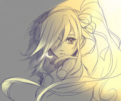 1girl ace_attorney athena_cykes earrings jewelry long_hair looking_at_viewer monochrome shiga solo solo_focus yellow_background