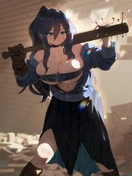 1girl ahoge baseball_bat belt_bra black_hair blue_eyes blush boots breasts brown_gloves choker cleavage gloves hair_between_eyes highres holding holding_weapon large_breasts long_hair mole mole_under_eye nail nail_(hardware) nail_bat navel off_shoulder original over_shoulder ponytail ryusei_hashida single_glove skirt solo weapon weapon_over_shoulder