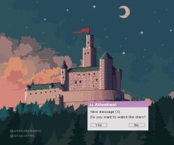 atmospheric_perspective brick_wall castle cloud cloudy_sky crescent dialogue_box dithering flagpole forest highres nature night no_humans onlypixeeels original pink_clouds pixel_art red_flag scenery sky star_(sky) starry_sky window window_(computing)