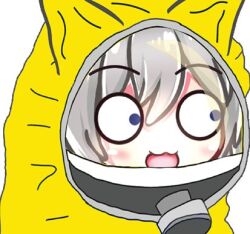 1girl blue_eyes chibi fox_girl hazmat_suit kirsche_verstahl surprised white_hair