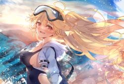 Rule 34 | 1girl, ahoge, azur lane, blonde hair, bluecher (azur lane), bluecher (high-altitude head over heels) (azur lane), blush, breasts, cleavage, commentary, from side, full body, goggles, heaven&#039;s melody, highres, large breasts, long hair, looking at viewer, mountain, official alternate costume, open mouth, outdoors, red eyes, shrug (clothing), sideboob, ski goggles, smile, snow, solo, sunset, two side up, white shrug