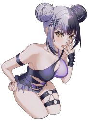 1girl absurdres arm_strap bikini black_bikini black_hair black_nails breasts cleavage commentary double_bun english_commentary grey_hair hair_bun hazel_(hzlform) highres hololive hololive_english leaning_forward medium_breasts multicolored_bikini multicolored_hair o-ring o-ring_thigh_strap purple_bikini shiori_novella sidelocks simple_background solo split-color_hair swimsuit thigh_strap two-tone_bikini two-tone_hair virtual_youtuber white_background yellow_eyes